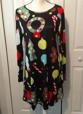 Ruiyige Women Dress Long Sleeve Christmas Canes Snowmen Ornaments Trees Sz L NWT — 第 1/4 张图片