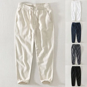 Men Cotton Linen Blend Pants Loose Cropped Casual Trousers Elastic Waist Bottoms - Picture 1 of 22