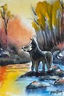 Watercolor ACEO Original Painting by Mary King - Wolf by the River