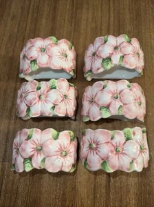 Keramik rosa Blumen mit grünen Blatt Servietten Ringe 6er Set - Bild 1 von 11
