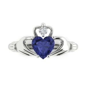 1.55 Irish Celtic Claddagh Tanzanite Stone Promise Wedding Ring 14k White Gold - Picture 1 of 11