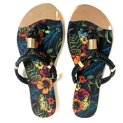 Sandalia chanclas de hibisco floral tono dorado negro playa mujer 6 tanga de cuero Foto 1 de 4