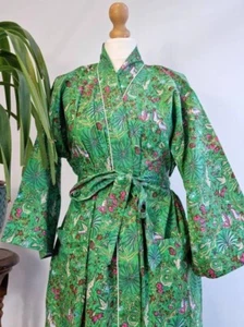 Green Robe Cotton Long Kimono Floral Women Nightwear Indian Robe Gown Dress US - Picture 1 of 6