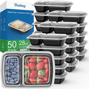 50 Pack (100-Piece) 28 oz Meal Prep Containers Reusable with Lids 2-Compartment, - Picture 1 of 7