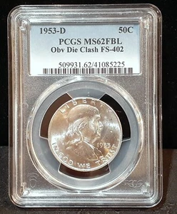 1953-D FRANKLIN SILVER HALF DOLLAR - PCGS MS62 FBL- OBV. DIE CLASH FS-402 - 5225 - Picture 1 of 3