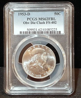 1953-D FRANKLIN SILVER HALF DOLLAR - PCGS MS62 FBL- OBV. DIE CLASH FS-402 - 5225 - Image 1 of 3
