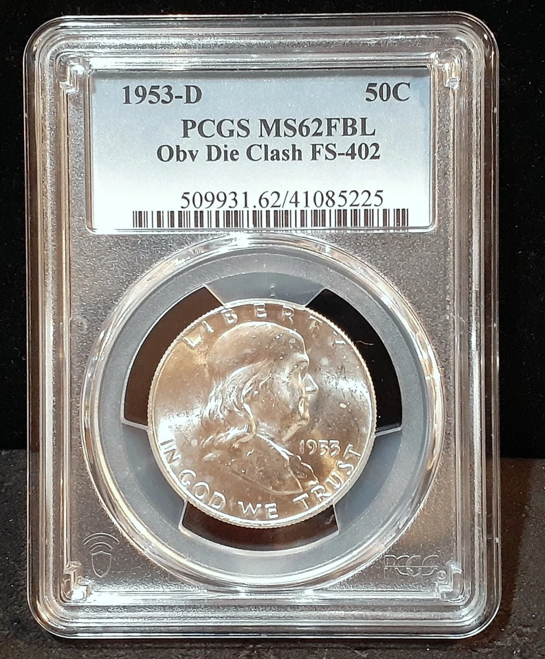 1953-D FRANKLIN SILVER HALF DOLLAR - PCGS MS62 FBL- OBV. DIE CLASH FS-402 - 5225 - Image 1 of 3