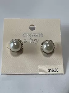 Crown & Ivy Faux Pearl Stud Earrings With Rhinestone Accents Costume Jewelry - Picture 1 of 2