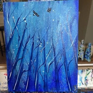 8/10 Zoll Original gemalt auf Leinwand, abstrakter Wald, Nacht, blaue Vögel - Bild 1 von 13