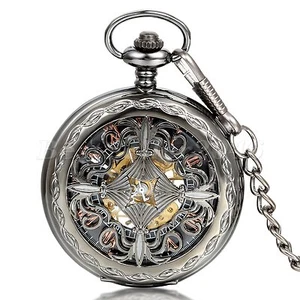 Vintage Flower Pattern Skeleton Steampunk Mechanical Pocket Watch Men's Necklace - Picture 1 of 5