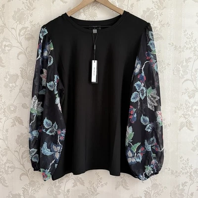 Tahari Top Plus Sz 1X Sheer Puff Floral Sleeves Black Romantic Cottagecore NWT - Image 1 of 4