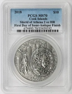 2018 Cook Islands $10 Shield of Athena 2oz Silver HR PCGS MS70 FDOI Antiqued - Picture 1 of 4
