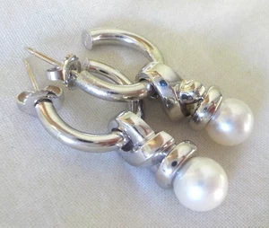 Elegant 18k White Gold Drop Half Hoop Pearl Earrings - 12.0 gms, 1.30 inch - Picture 1 of 8