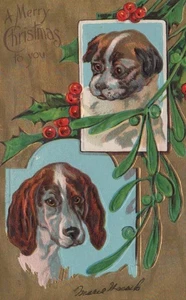 Weihnachten um 1909 - Hunde mit Stechpalme & Beeren - gebraucht/versandt - Bild 1 von 2