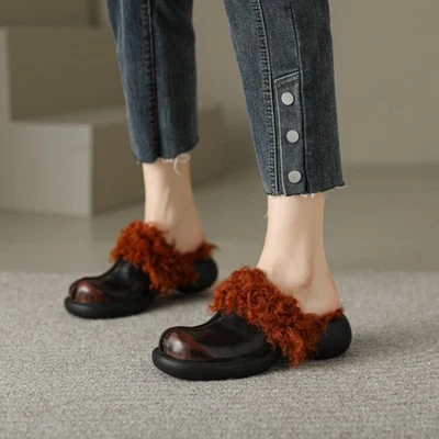 Зимние ретро женщин шерсти меха кудрявые тапочки высоких каблуках кожи теплый половина тапочки - Изображение 1 из 4