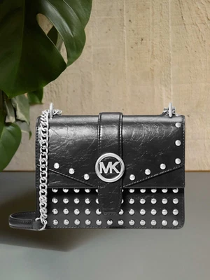 Michael Kors Greenwich Studded Women SM Distressed Crossbody Shoulder Bag Black - Image 1 of 4