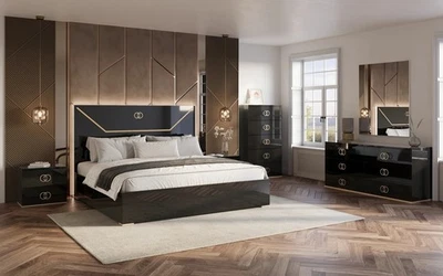 Modern Italian 5PC Gloss Black Gold LED Queen King Bedroom Set Vogue Bed/D/M/N/C - Image 1 of 4