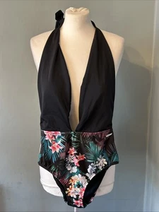 Lipsy Black Floral Plunge Front Swimsuit Size 10 Halter Neck - Picture 1 of 5