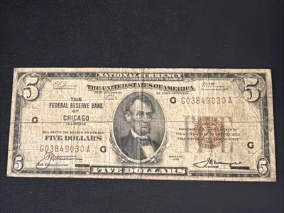 1929 $5 Federal Reserve Banknote, Chicago, Fr#1850-G - Image 1 of 2