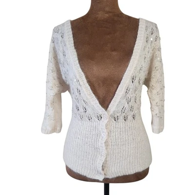 Cárdigan Ann Taylor Loft Talla S Lentejuelas Tejido Abierto Mezcla Mohair Botón Marfil  Foto 1 de 4