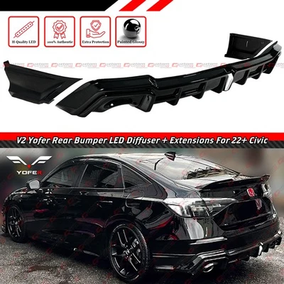 For 22-26 Honda Civic Sedan Yofer V2 Gloss Black Rear Diffuser Kit W/ White LED - Image 1 of 4