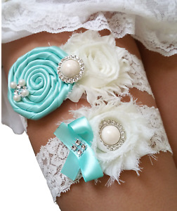 Ensemble jarretière de mariage bleu bébé avec jarretières strass perle dentelle arc (conserver + jeter)