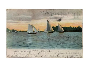 GRUSS VOM WANNSEE BERLIN DEUTSCHLAND SEGELSCHIFFE BOOTE POSTKARTE 1904 JOH FRANKE - Bild 1 von 3