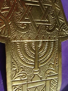 Ciondolo a mano hamsa in ottone massiccio marocchino con stella + lampada Menorah L145 mm - Foto 1 di 10