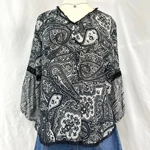 Lauren Ralph Lauren Bluse schwarz weiß Paisley Seide V-Ausschnitt Damen L Ballon Slv - Bild 1 von 5