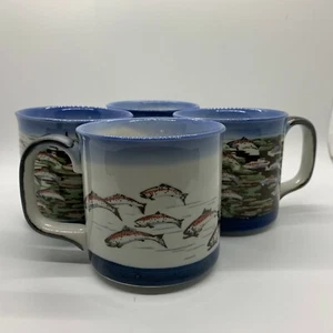 Four (4) Swimming Fish Trout Mugs Blue White and Brown - Picture 1 of 10