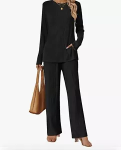 Shirt & Pant Women's Textured Set, Wide Leg Pants, Size Medium, Black - NWT - Picture 1 of 9