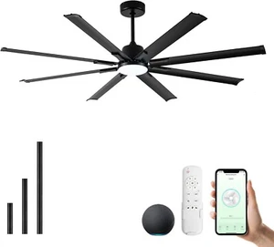 72 Inch Ceiling Fan with Light,Industrial Ceiling Fan with 8 Black Aluminium - Picture 1 of 8