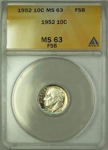 1952 Silver Roosevelt Dime 10c ANACS MS 63 FSB Toned - Picture 1 of 2