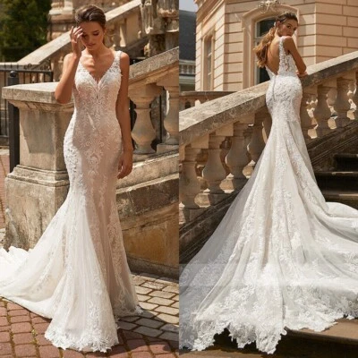 Boho Mermaid Wedding Dresses Deep V-Neck Sleeveless Lace Appliques Bridal Gowns - Image 1 of 4