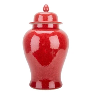 Red Crackle Temple Lidded Jar/Vase,18''H. - Picture 1 of 4