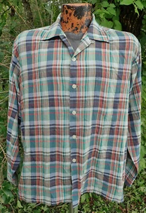 True Vintage 1950s 60s Glenclair Green Plaid Camp Shirt Loop Collar JAPAN Mens L - Picture 1 of 12