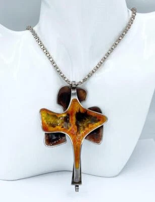 Große Vintage David Andersen Sterlingsilber & orange Emaille Halskette/Anhänger - Bild 1 von 4