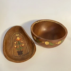 Set of 2 Hand Painted Wooden Bowl & Trinket Dish Martha Dame Primitive Flowers - Picture 1 of 12