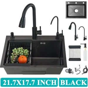 21.7 in Black Kitchen Sink Stainless Steel Single Bowl Sink with Pulldown Faucet - Picture 1 of 10
