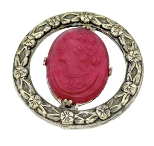 Vintage Cameo Brooch Art Deco Molded Red Glass Lapel Pin - Picture 1 of 5
