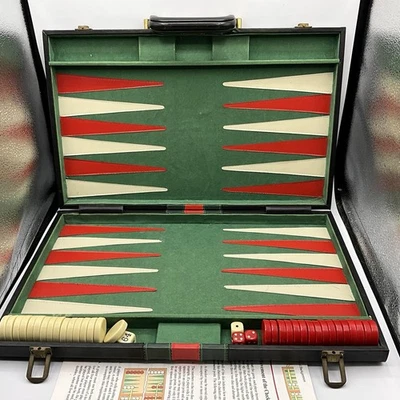 Vintage Red White Green Leatherette Backgammon Set Red & White Checkers - Image 1 of 4