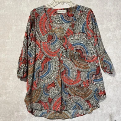 Camisa Verónica M Mujer Pequeña Roja Azul Estampado Abstracto Manga 3/4 Túnica Boho Foto 1 de 4