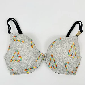 VS Pink Lightly Lined Tshirt Bra 34C Gray Rainbow Candy Cane Hearts NEW w/ Tags - Picture 1 of 11