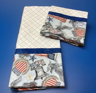 Two QEEN Size Pillow Cases 30”L x 20”W Patriotic Bells Eagles Flags Handmade  - Image 1 of 2