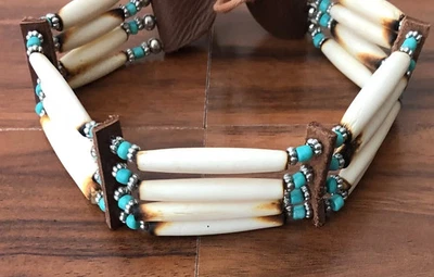 Traditional 4 Row Buffalo Bone Tribal Native American Choker Necklace Turquoise - Image 1 of 4