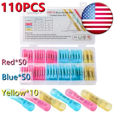 110Pcs AWG 22-10 Gauge Heat Shrink Butt Wire Splice Connectors Crimp Terminals - Image 1 of 4