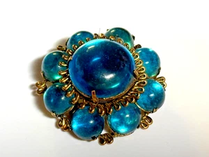 Vintage Gablonz Brooch Gold Tone Metal Teal Glass Cabochon Open Back Blue 1940' - Picture 1 of 11