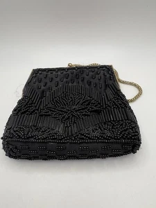Purse Clutch Handbag Black Beaded Evening Bag w Gold Toned Chain - Picture 1 of 10
