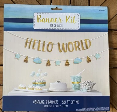 Nuevo en Paquete Banners Colgantes Baby Shower Hola Mundo y Estrellas Azules Nubes Revelación de Género Foto 1 de 4