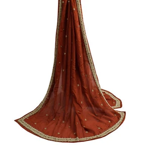 Sushila Vintage Rust Dupatta Pure Chiffon Silk Hand Beaded Long Stole Scarves - Picture 1 of 10